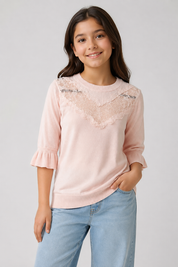 Dorothy Perkins girls’ pink lace detail jumper in UK size 10-12 years. Stylish knitted top with flared cuffs, perfect for everyday and smart-casual outfits.