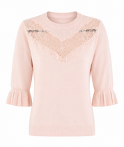 Dorothy Perkins girls’ pink lace detail jumper in UK size 10-12 years. Stylish knitted top with flared cuffs, perfect for everyday and smart-casual outfits.