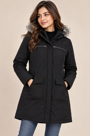 Dorothy Perkins women’s black fur hooded winter parka coat in UK Size L. Warm longline design with practical pockets, ideal for everyday winter wear.