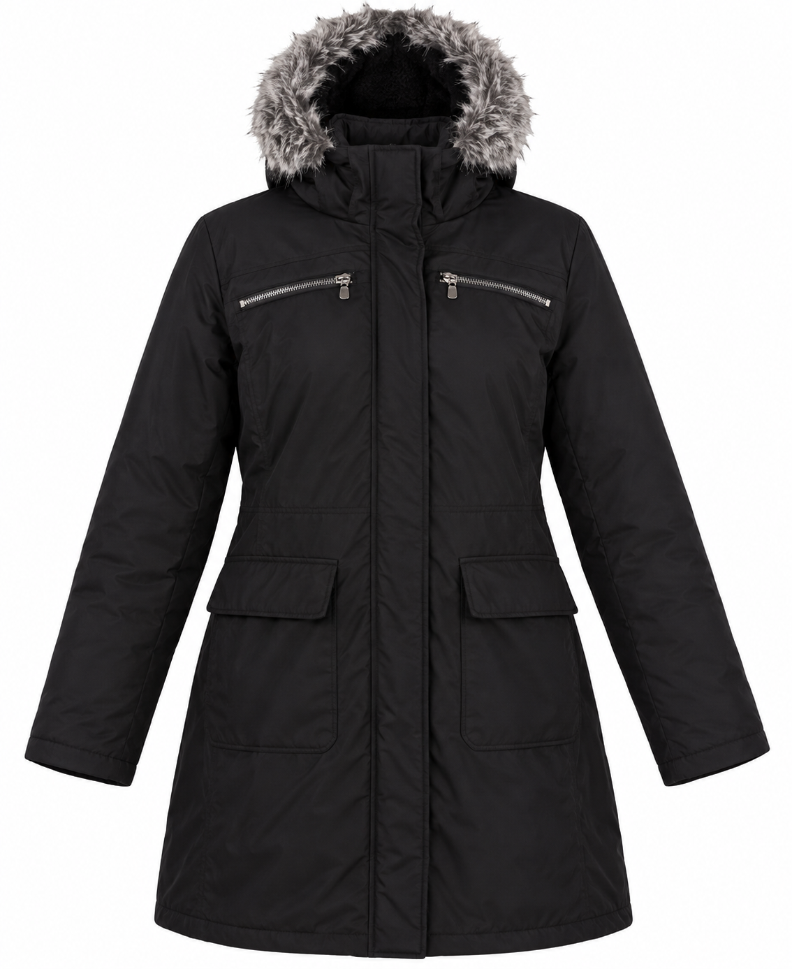 Dorothy Perkins women’s black fur hooded winter parka coat in UK Size L. Warm longline design with practical pockets, ideal for everyday winter wear.