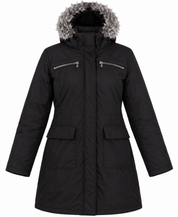 Dorothy Perkins women’s black fur hooded winter parka coat in UK Size L. Warm longline design with practical pockets, ideal for everyday winter wear.