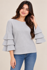 Dorothy Perkins women’s grey ribbed knit jumper in UK Size M, featuring stylish three-tier bell sleeves and a comfortable everyday fit.