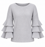 Dorothy Perkins women’s grey ribbed knit jumper in UK Size M, featuring stylish three-tier bell sleeves and a comfortable everyday fit.