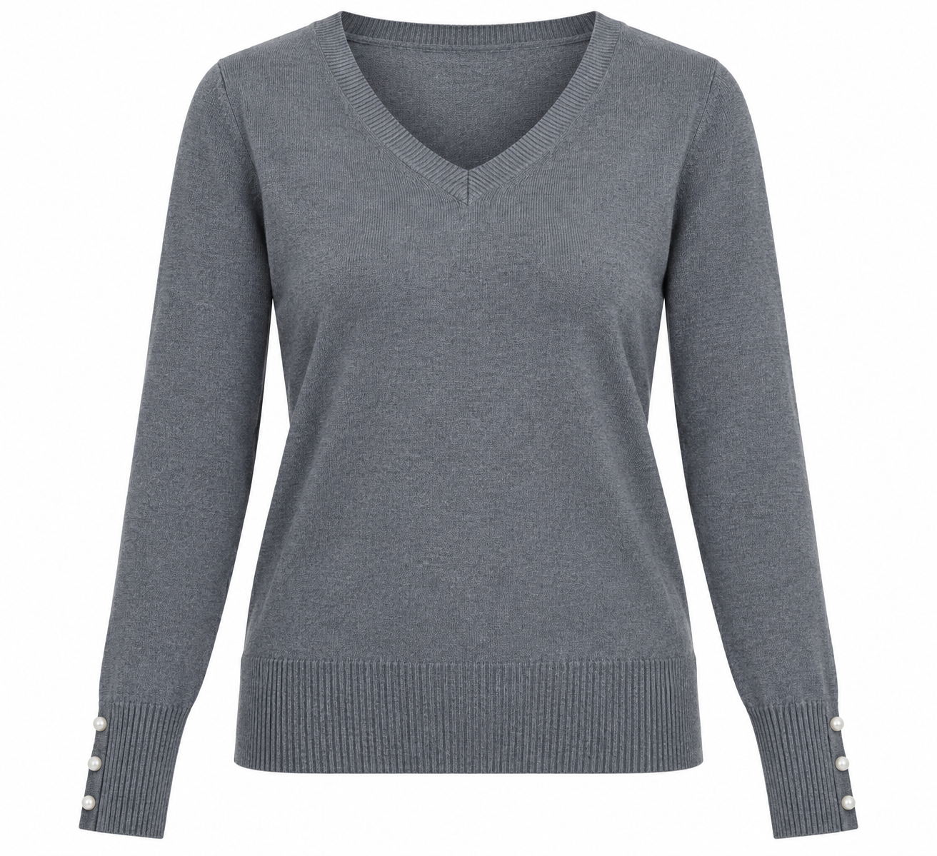 Dorothy Perkins women’s grey V-neck knit jumper in UK Size M. Features long sleeves, ribbed trims and elegant pearl-style cuff buttons.