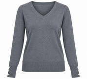 Dorothy Perkins women’s grey V-neck knit jumper in UK Size M. Features long sleeves, ribbed trims and elegant pearl-style cuff buttons.