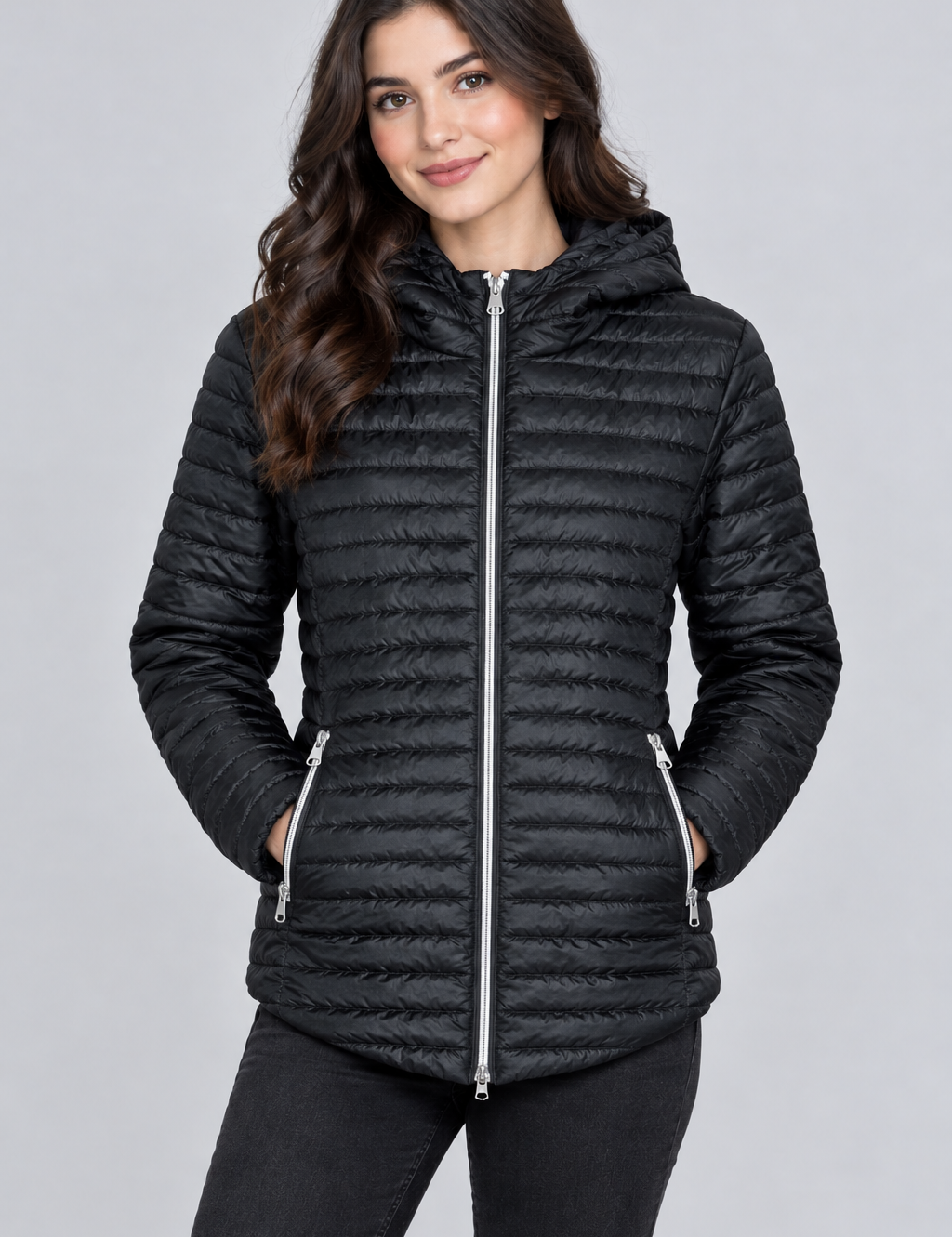  Dream Stone women’s black quilted puffer jacket in UK size L. Hooded design, full zip fastening and practical zipped pockets, perfect for winter.