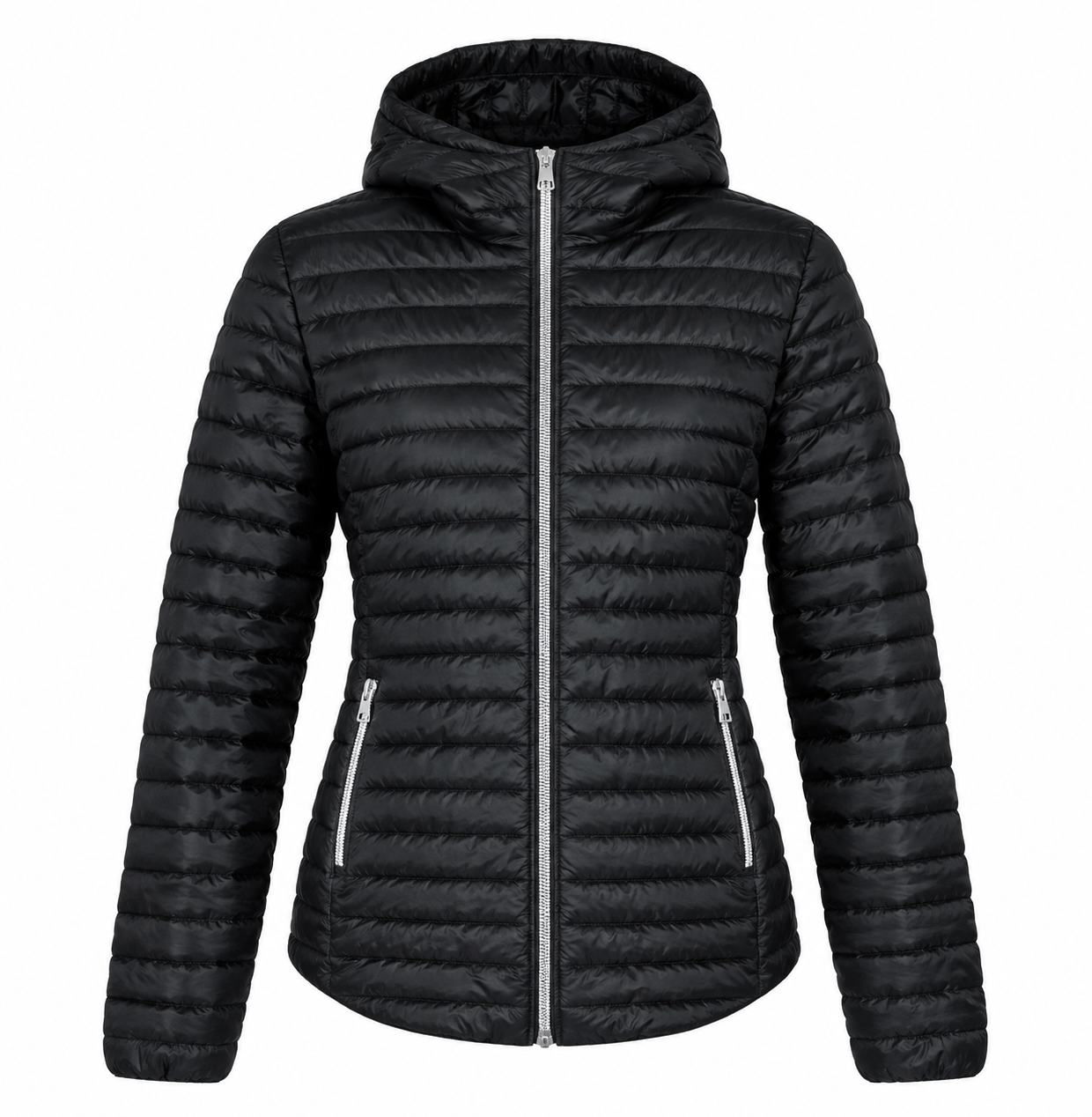  Dream Stone women’s black quilted puffer jacket in UK size L. Hooded design, full zip fastening and practical zipped pockets, perfect for winter.