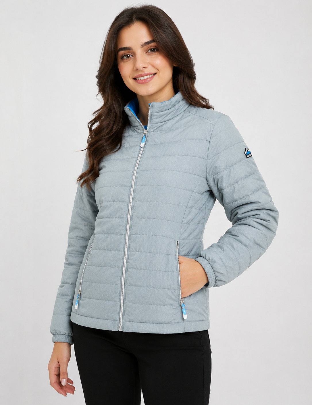 DREAM STONE women's light grey quilted puffer jacket in UK XL. Features a padded design, full zip fastening, zipped pockets and cosy stand collar.
