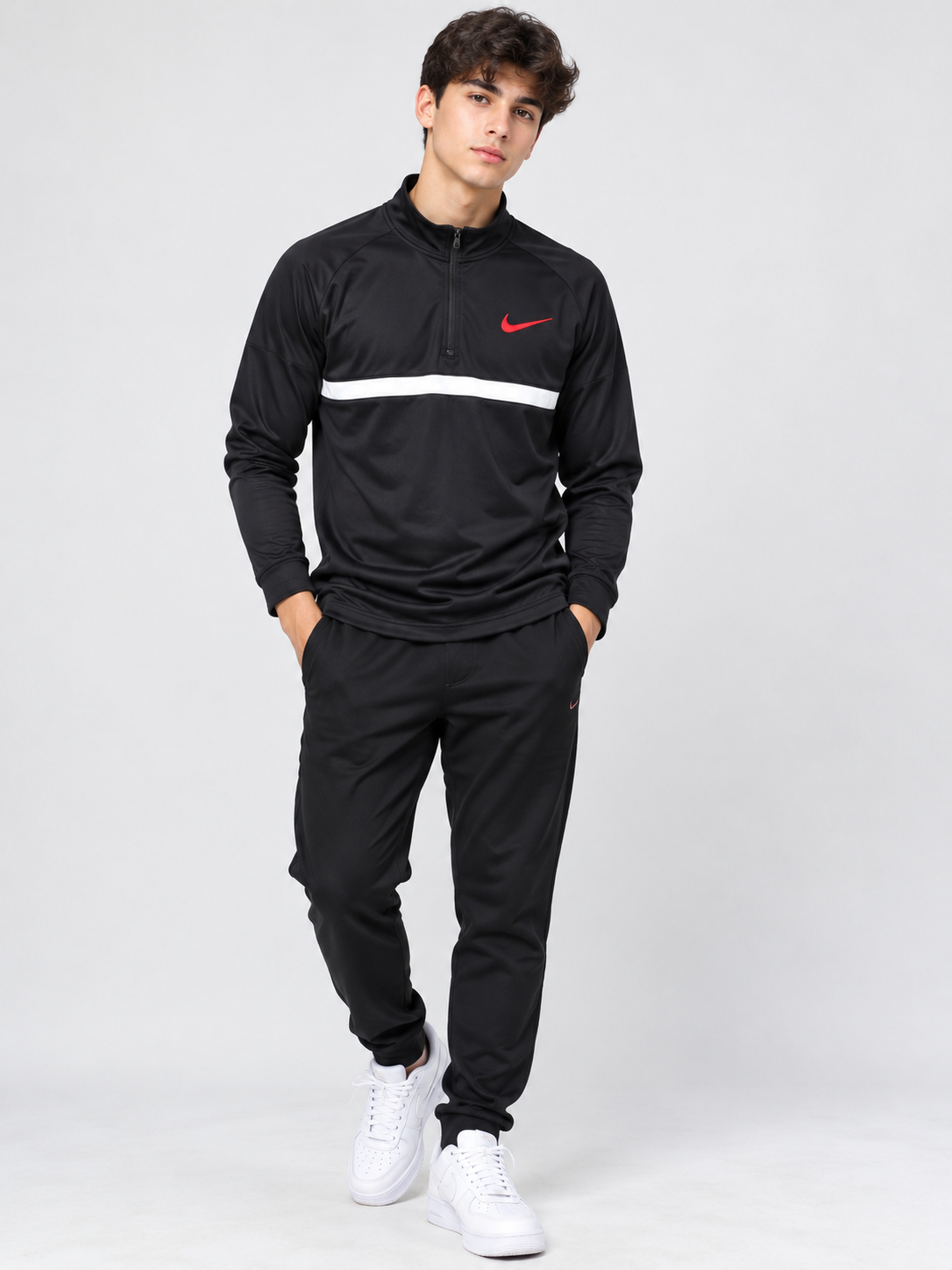  DRY FIT men's black quarter-zip sports top in UK size L. Stylish long-sleeve activewear with white stripe. Chest 19", length 22". Shop now!