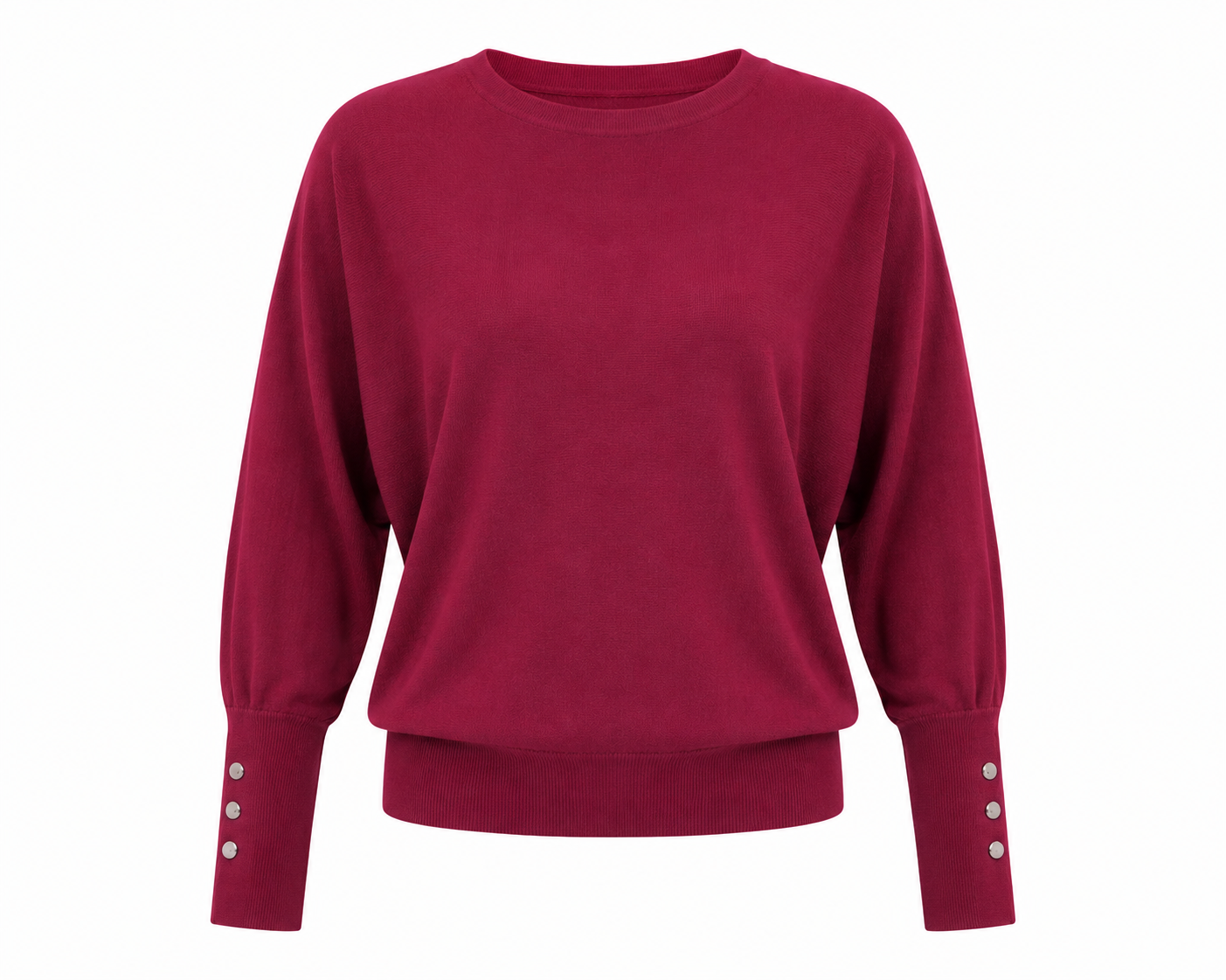   stylish Dunnes burgundy knit sweater in UK M. Long-sleeve women’s jumper with round neck and button cuff detailing, perfect for casual outfits.