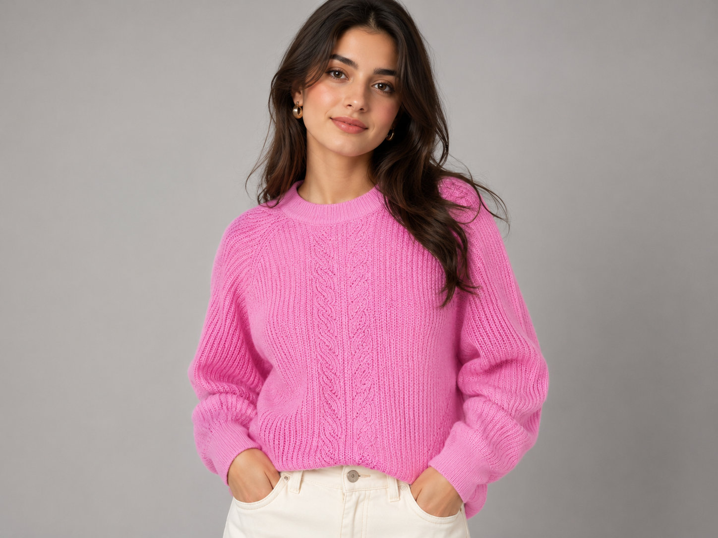  Dunnes women’s pink cable knit sweater in UK XL. Stylish chunky knit jumper with ribbed crew neck, long sleeves and textured cable detailing.