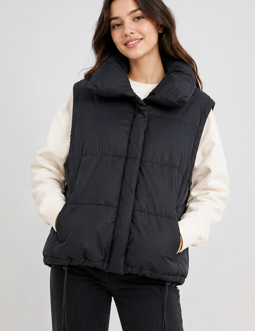  DYG Black Padded Puffer Gilet in UK Size M. Quilted sleeveless design with high collar, side pockets and adjustable drawcord hem. Perfect for stylish layering.
