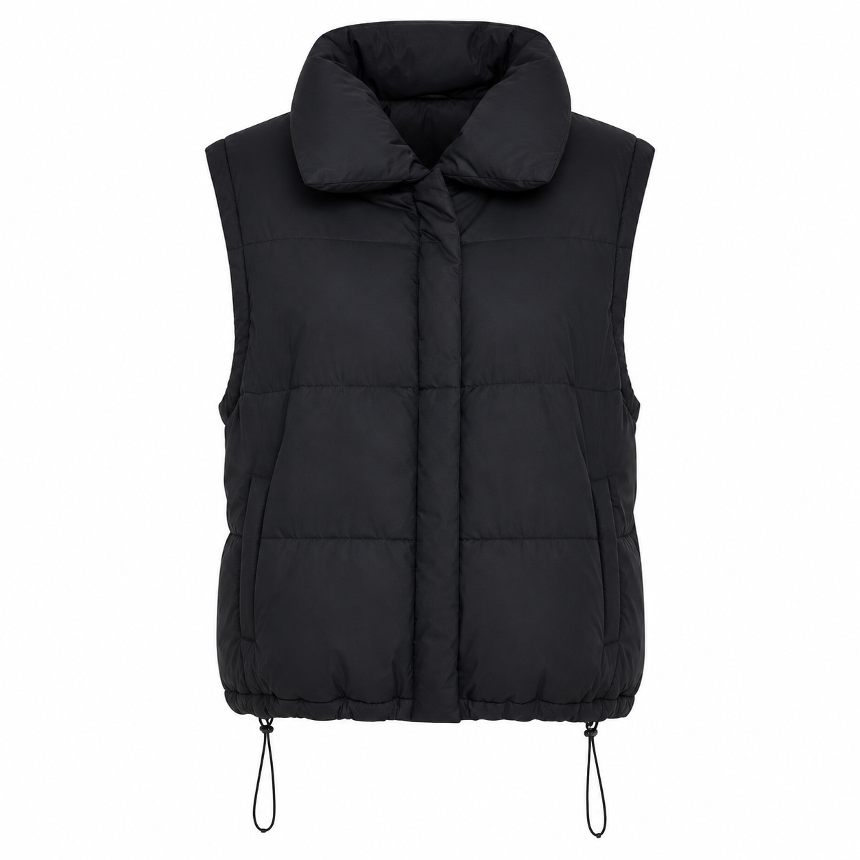  DYG Black Padded Puffer Gilet in UK Size M. Quilted sleeveless design with high collar, side pockets and adjustable drawcord hem. Perfect for stylish layering.