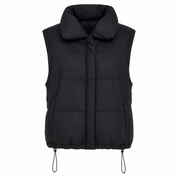  DYG Black Padded Puffer Gilet in UK Size M. Quilted sleeveless design with high collar, side pockets and adjustable drawcord hem. Perfect for stylish layering.