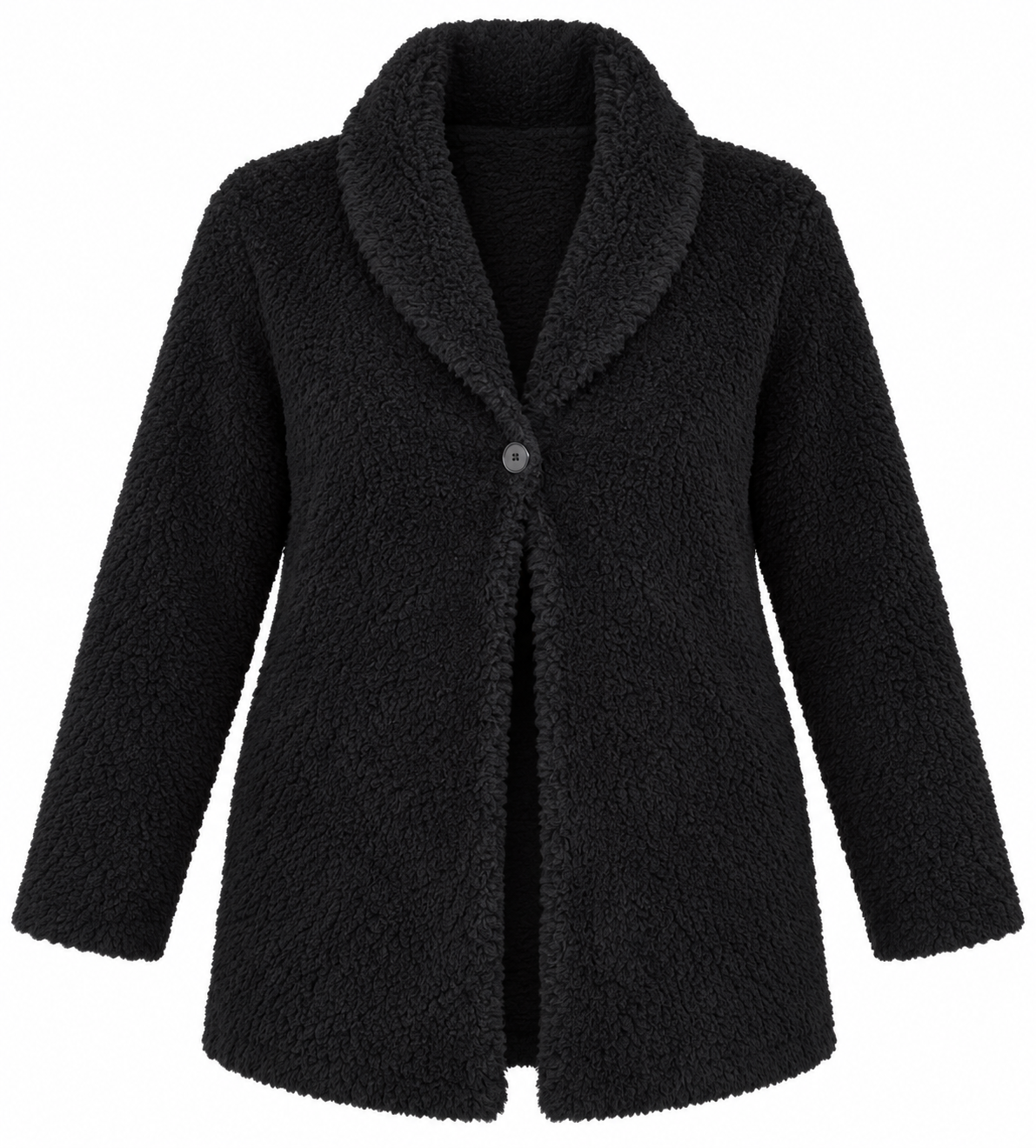  East Coast women’s black teddy fleece coat in UK Size 26. A cozy plus-size winter layer with soft texture and stylish shawl collar.