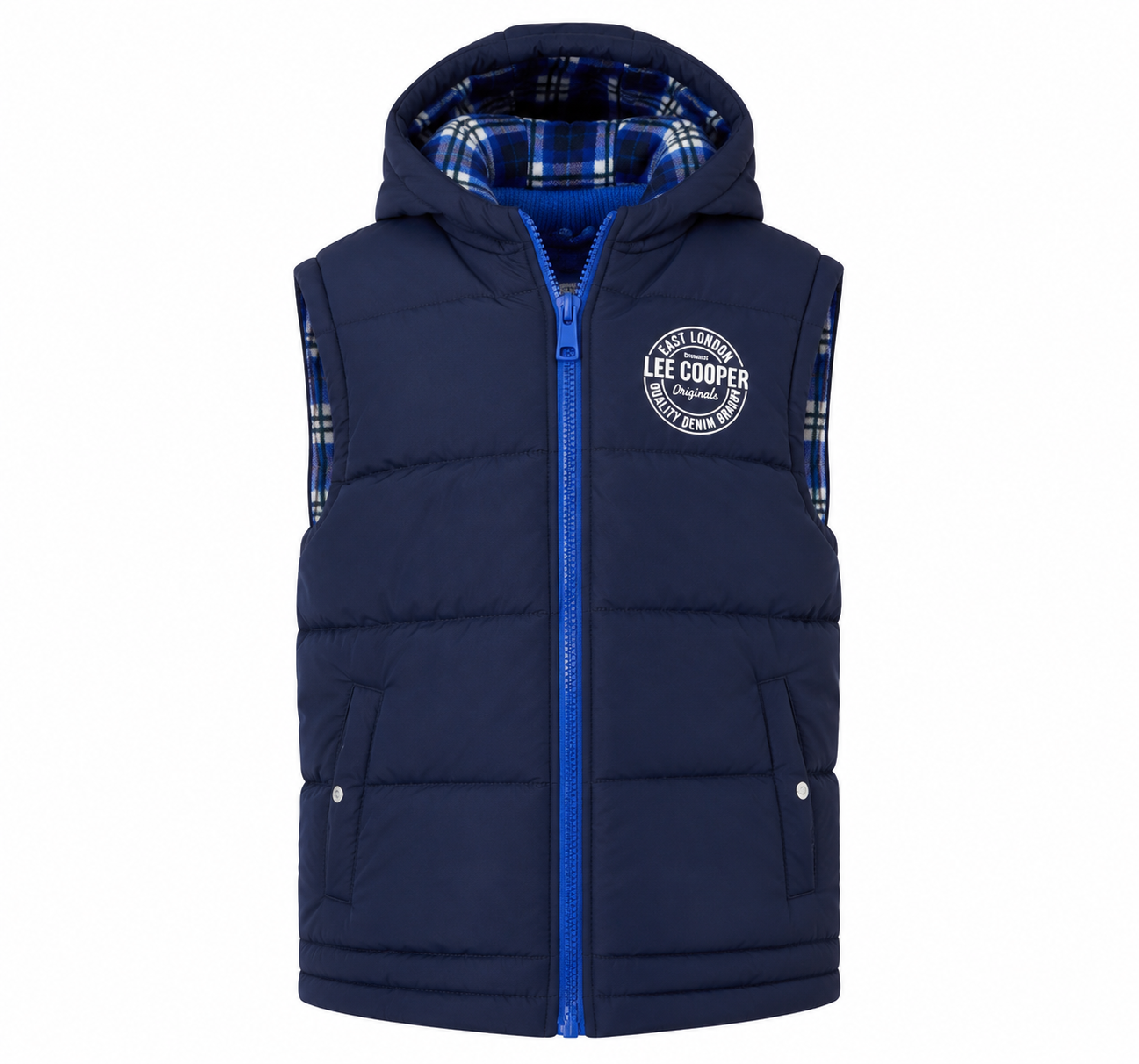  East London Kids Hooded Puffer Gilet in navy blue. Lightweight, warm, and stylish sleeveless winter vest with hood, zip closure, and practical pockets for everyday comfort.