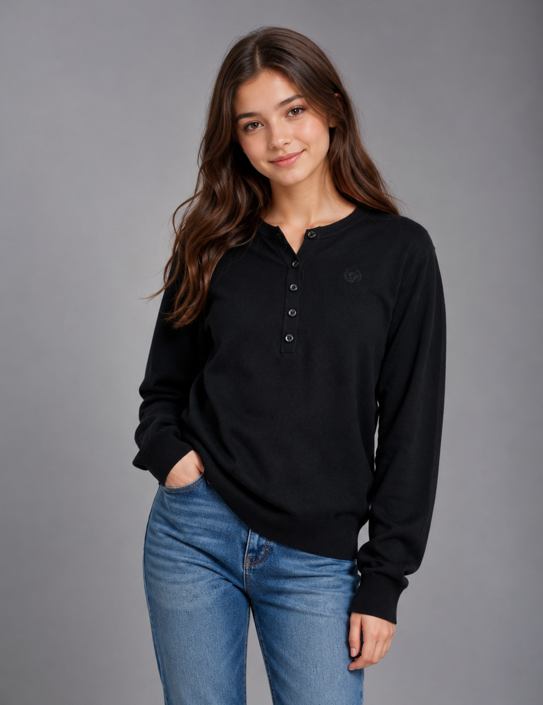 the Easy Black Henley Knit Sweater in UK Size M. Stylish long-sleeve knit with button neckline, ribbed cuffs and hem, perfect for casual everyday wear.