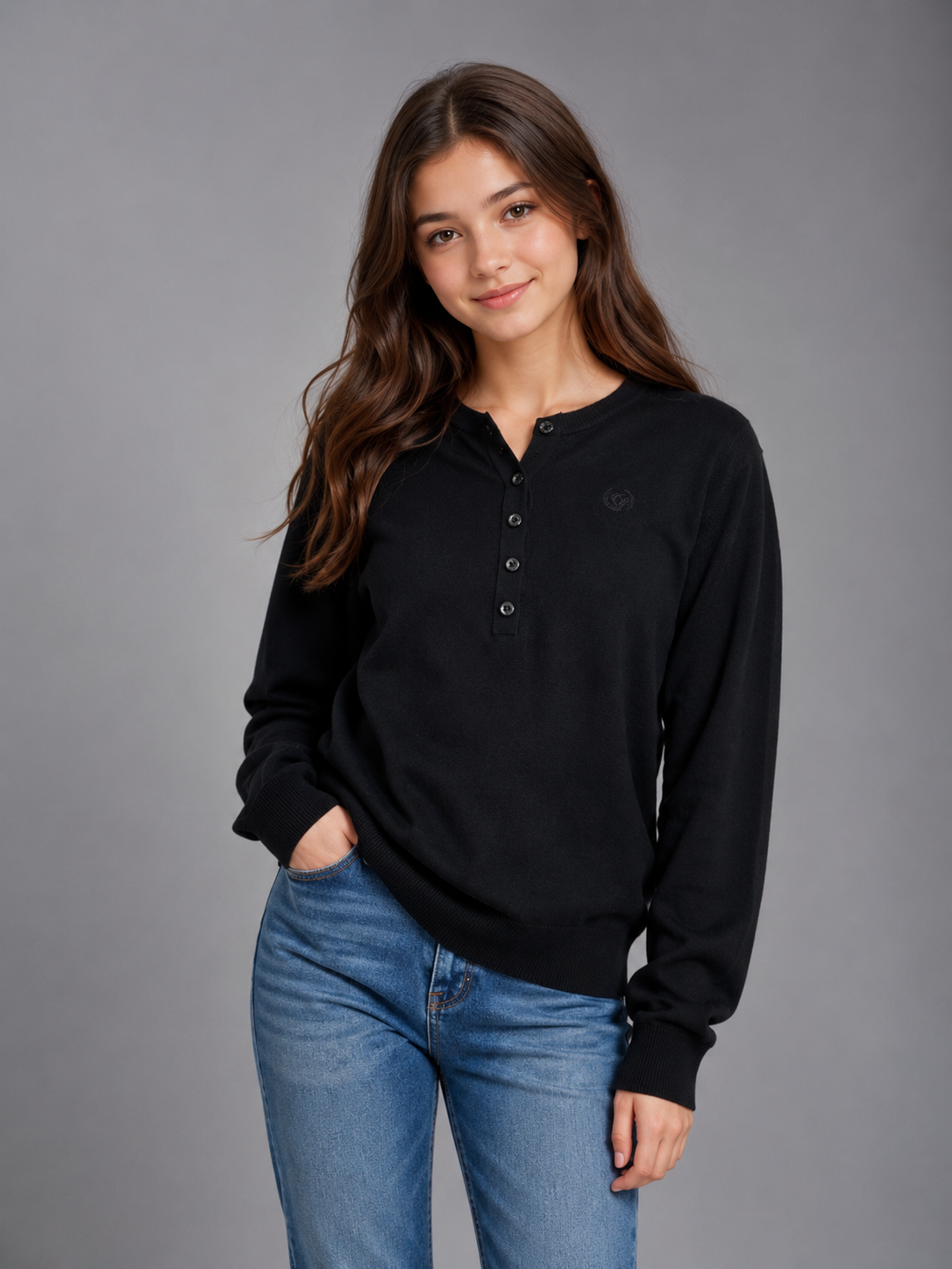 the Easy Black Henley Knit Sweater in UK Size M. Stylish long-sleeve knit with button neckline, ribbed cuffs and hem, perfect for casual everyday wear.