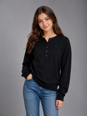 the Easy Black Henley Knit Sweater in UK Size M. Stylish long-sleeve knit with button neckline, ribbed cuffs and hem, perfect for casual everyday wear.
