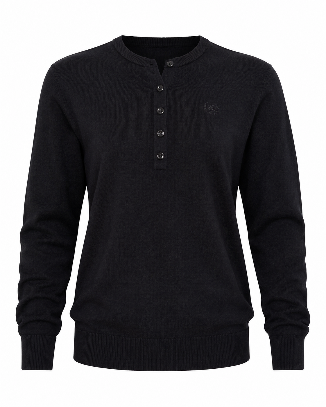 the Easy Black Henley Knit Sweater in UK Size M. Stylish long-sleeve knit with button neckline, ribbed cuffs and hem, perfect for casual everyday wear.