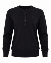  the Easy Black Henley Knit Sweater in UK Size M. Stylish long-sleeve knit with button neckline, ribbed cuffs and hem, perfect for casual everyday wear.