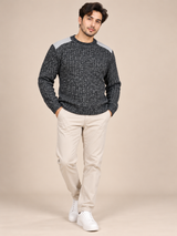 EASY Men Charcoal Grey Textured Knit Crew Neck Jumper