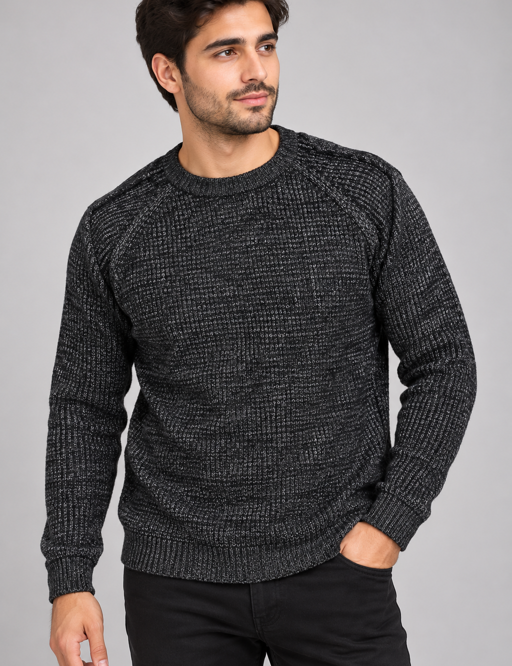  Easy Men’s Black Textured Knit Crew Neck Jumper in UK Size L. A versatile long-sleeve knit ideal for casual and smart-casual wear.