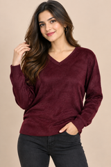 Easy Women’s Burgundy V-Neck Plain Knit Jumper
