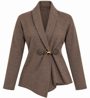  Ellen Tracy women’s brown shawl collar cardigan in UK Size M, featuring a stylish buckle waist closure and elegant long-sleeve design.
