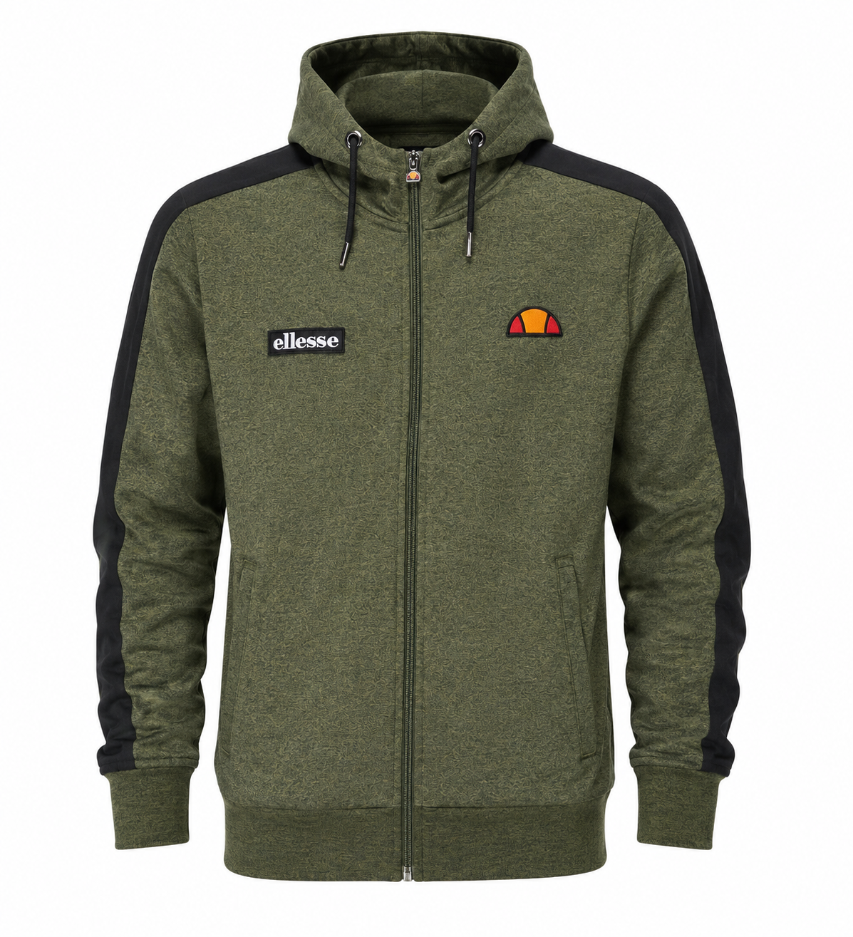  Ellesse boys' olive green hooded sports jacket in UK XS. Stylish black panel design, full zip, drawstring hood and practical pockets.