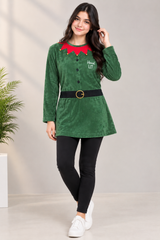 ELVES Women Green Christmas Elf Tunic Dress with Red Collar
