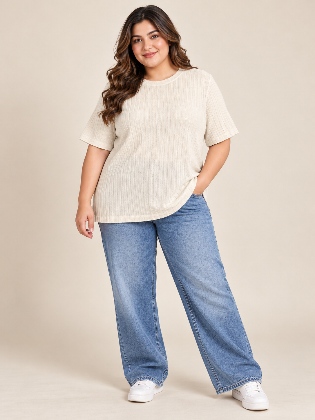 EMERY ROSE Women's Cream Ribbed T-Shirt in UK Size 3XL. Stylish short sleeve crew neck top, perfect for comfortable everyday casual outfits.