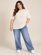 EMERY ROSE Women Cream Ribbed Short Sleeve T-Shirt