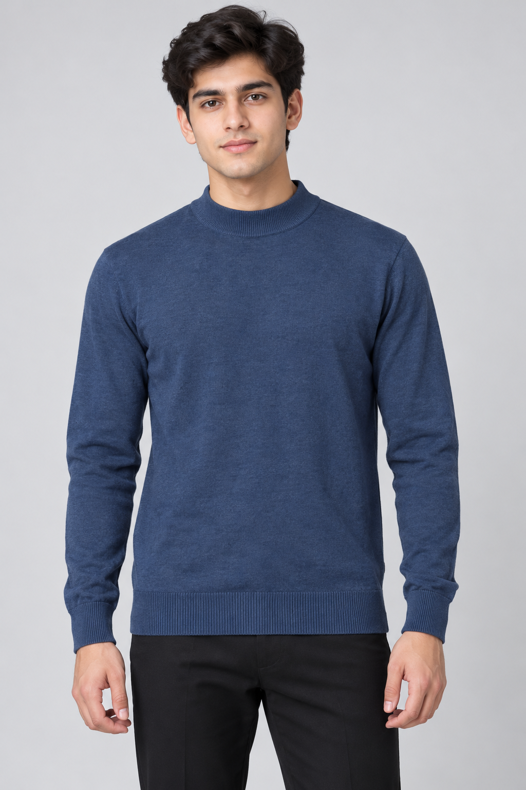  Emreco blue mock neck knit sweater in UK size 16. A versatile long-sleeve jumper with ribbed cuffs and hem for casual or smart styling.