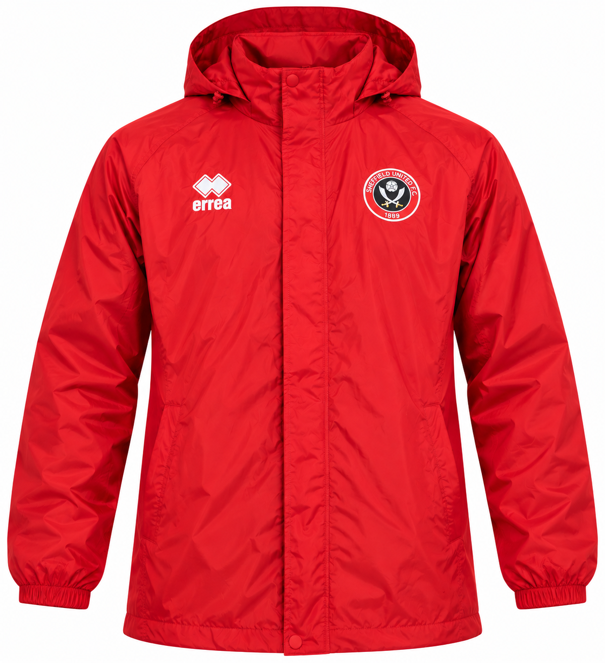 this Errea Red Hooded Windbreaker Jacket in UK Size S. Lightweight, comfortable and sporty with a hood, long sleeves and practical pockets.
