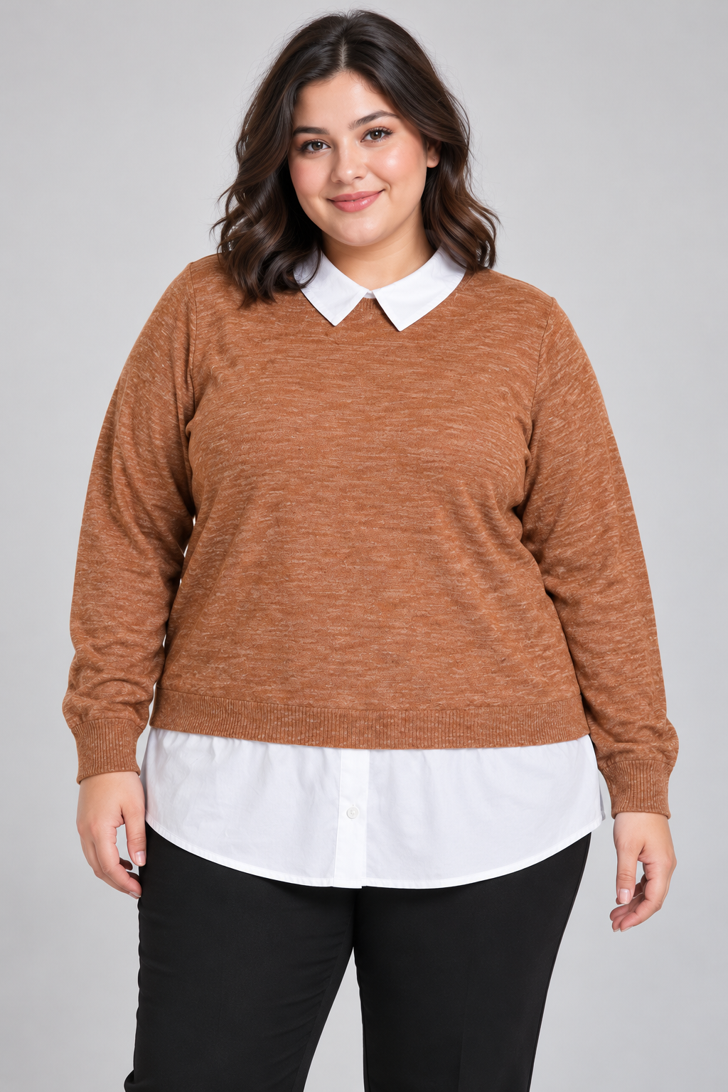  Esmara women’s brown 2-in-1 jumper in UK 4XL, featuring a white collar, shirt-style hem and long sleeves for easy smart-casual styling.