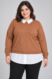  Esmara women’s brown 2-in-1 jumper in UK 4XL, featuring a white collar, shirt-style hem and long sleeves for easy smart-casual styling.