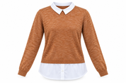  Esmara women’s brown 2-in-1 jumper in UK 4XL, featuring a white collar, shirt-style hem and long sleeves for easy smart-casual styling.