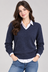 Essentials Women Navy Blue V-Neck Knit Sweater