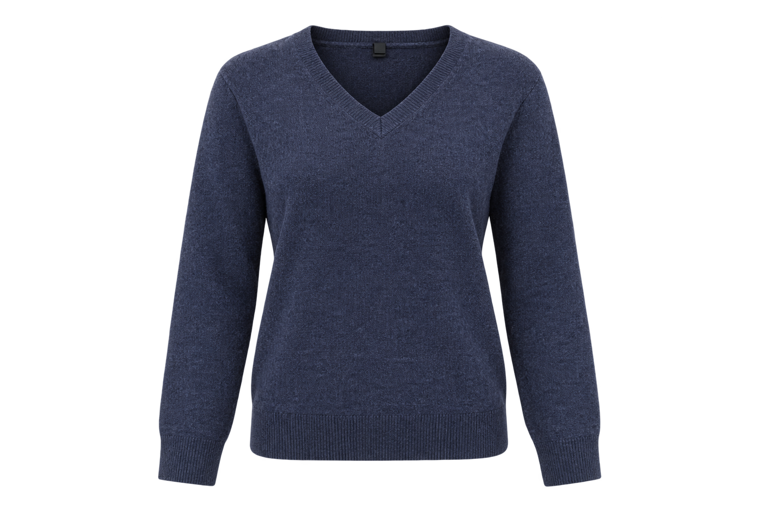  Essentials women’s navy blue V-neck knit sweater, UK size S. Long sleeve pullover with ribbed cuffs and hem, perfect for casual everyday styling.