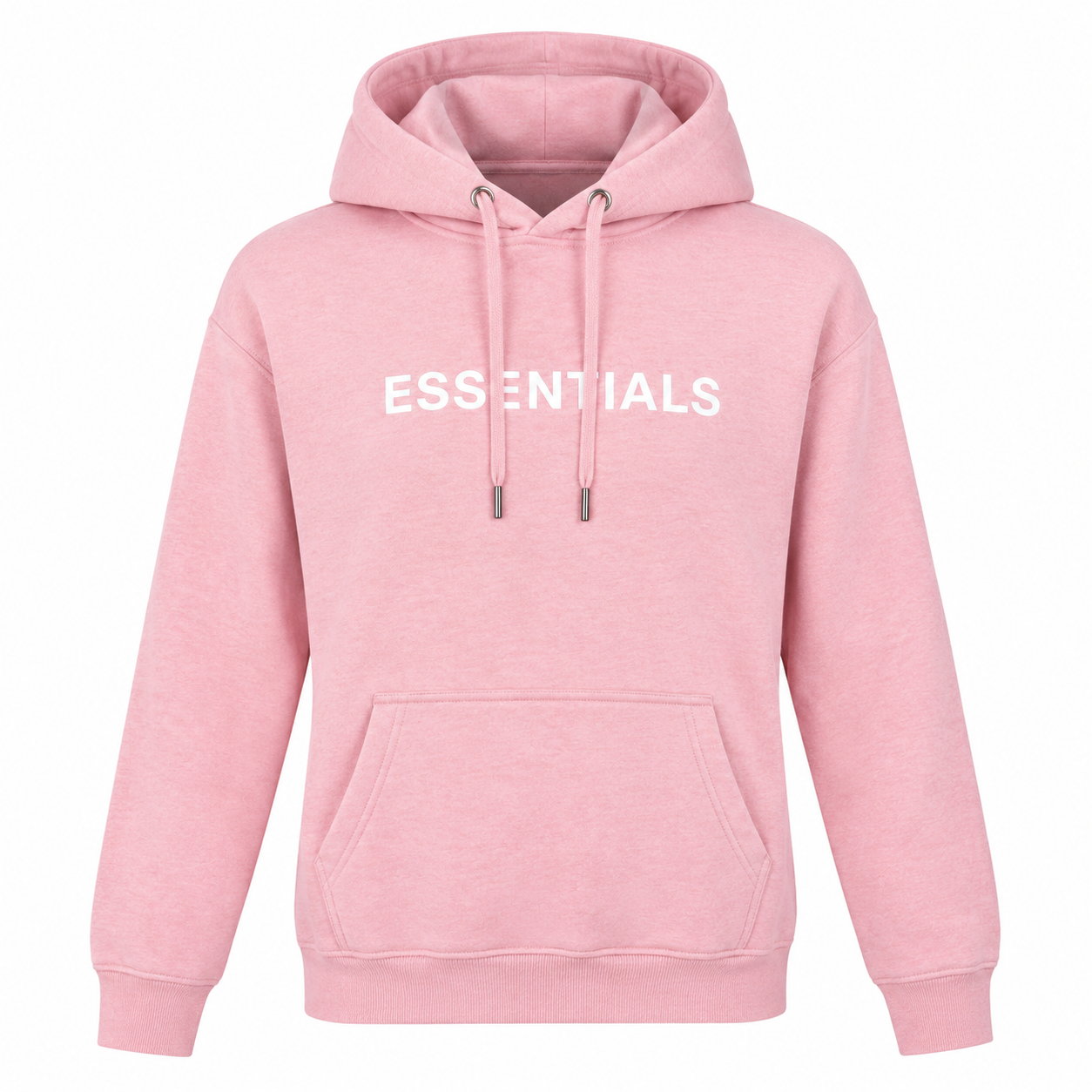   Essentials women’s pink hoodie in UK Size L. Casual pullover design with hood, kangaroo pocket, long sleeves and signature ESSENTIALS chest print.