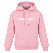   Essentials women’s pink hoodie in UK Size L. Casual pullover design with hood, kangaroo pocket, long sleeves and signature ESSENTIALS chest print.