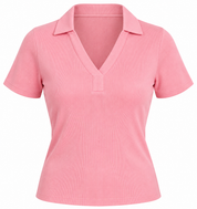  Et Vous women’s pink ribbed V-neck polo top in UK Size S. Stylish short-sleeve design in very good 4-star condition. Original UK fashion.