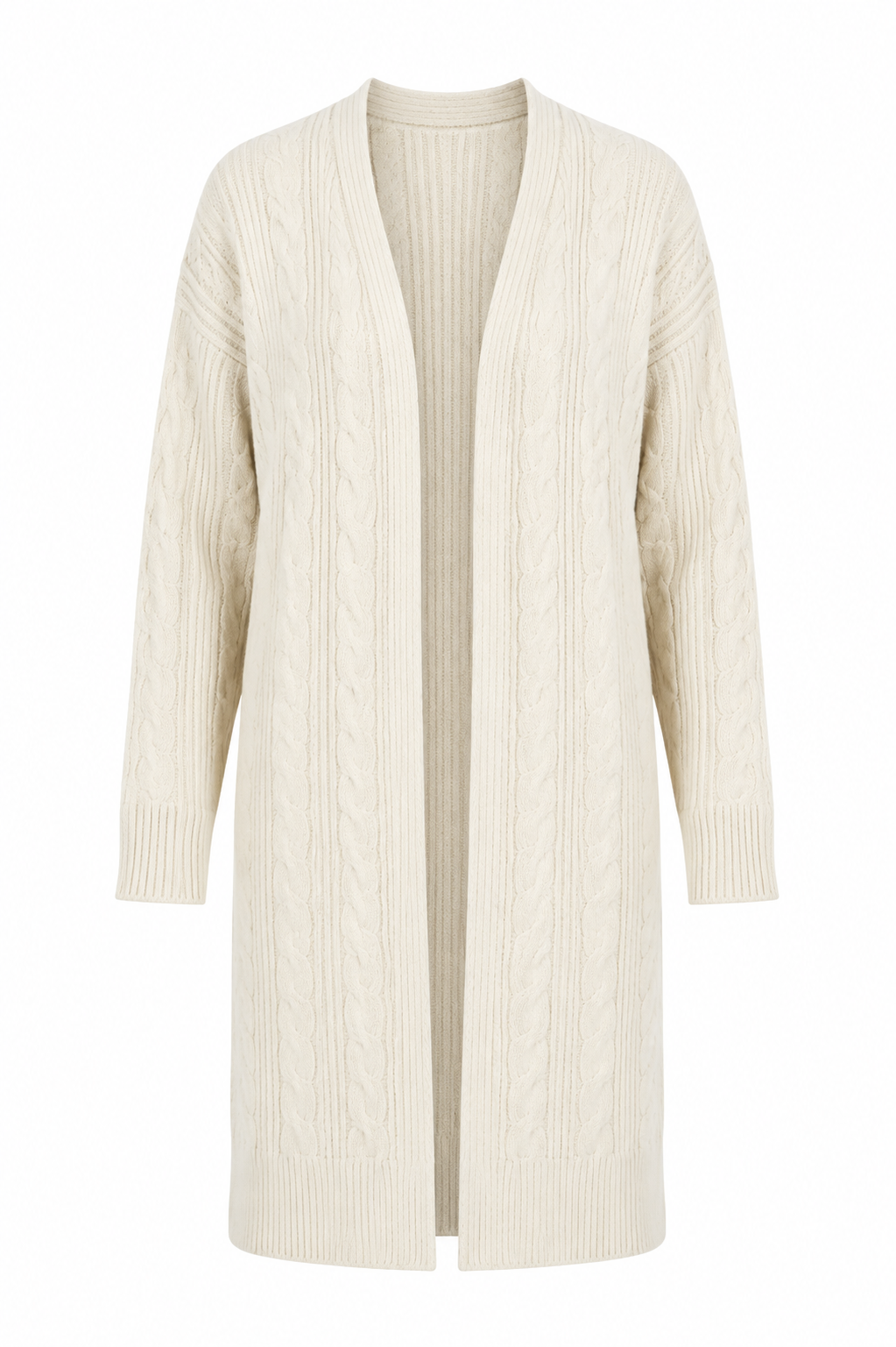  ETOILE DORIENT Cream Cable Knit Longline Cardigan in UK M/L. Stylish open-front design with textured knit detailing, long sleeves and versatile everyday appeal.