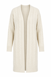  ETOILE DORIENT Cream Cable Knit Longline Cardigan in UK M/L. Stylish open-front design with textured knit detailing, long sleeves and versatile everyday appeal.