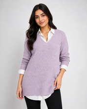  Evans Lilac V-Neck Knit Sweater in UK 20-25. Soft, stylish and versatile women’s jumper with ribbed details, perfect for everyday wear.