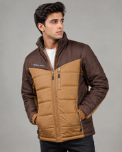  EverLast Men’s Brown & Wood-Tone Quilted Puffer Jacket, featuring a dark brown and wood-tone design, warm padding, zip pockets and a high collar.