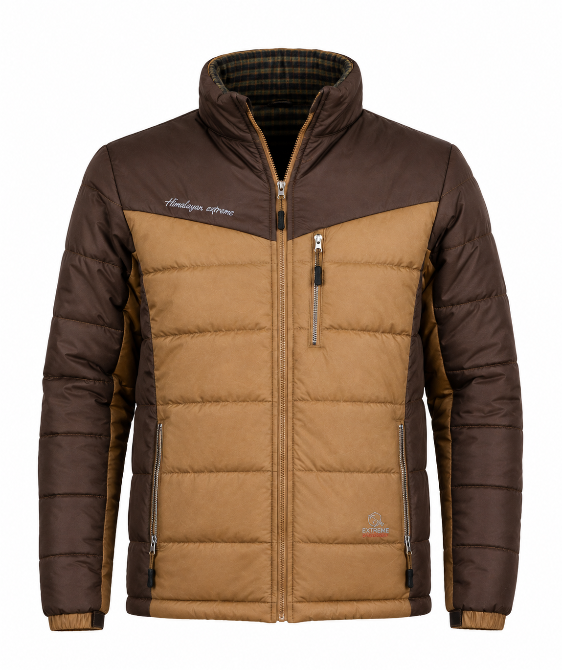  EverLast Men’s Brown & Wood-Tone Quilted Puffer Jacket, featuring a dark brown and wood-tone design, warm padding, zip pockets and a high collar.