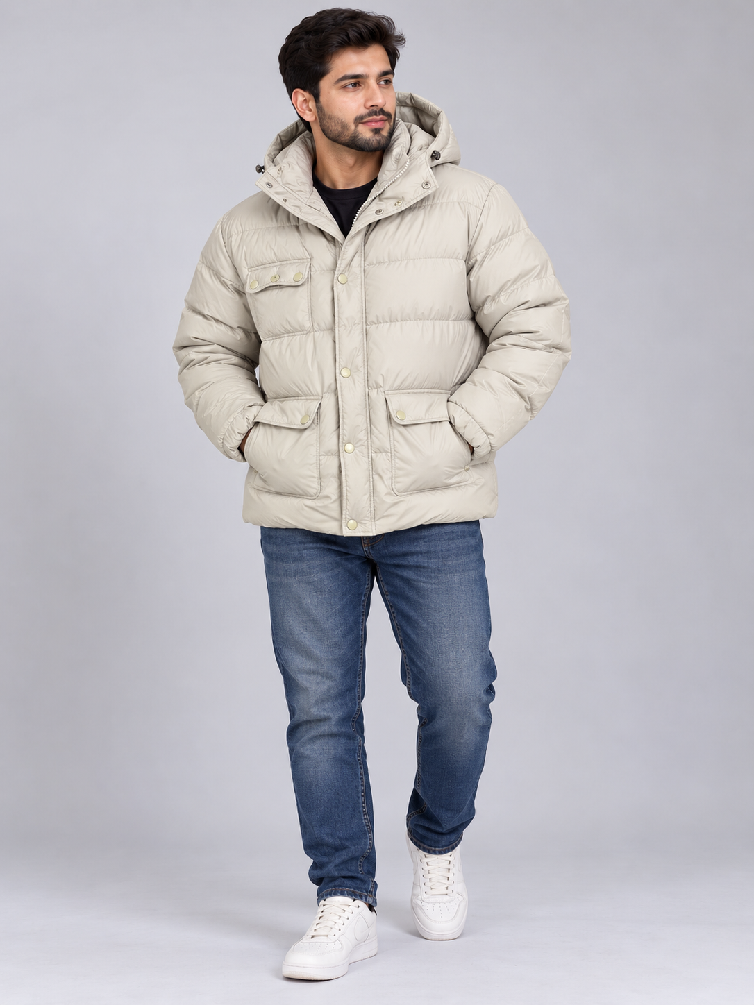  Evie Cream Hooded Puffer Jacket in UK Size L. Stylish quilted winter coat with hood, zip fastening and practical pockets. Perfect for casual winter wear.