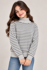 EWM Girls Grey & White Striped Collared Knit Jumper